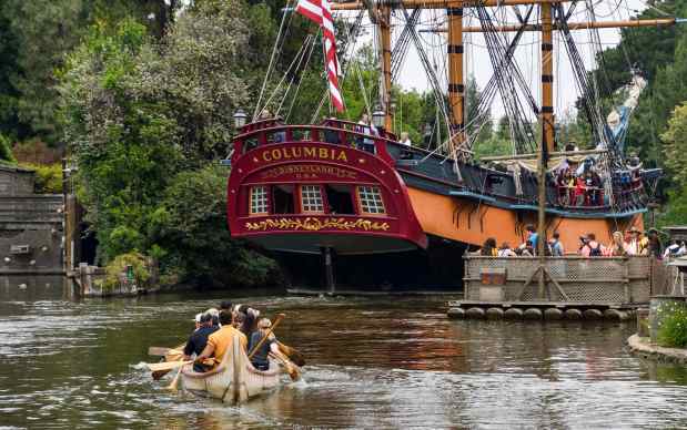 The Sailing Ship Columbia makes its way around the Rivers of America as a Davy Crockett Explorer Canoe follows behind at Disneyland in Anaheim, CA, on Monday, June 3, 2019. (Photo by Jeff Gritchen, Orange County Register/SCNG)