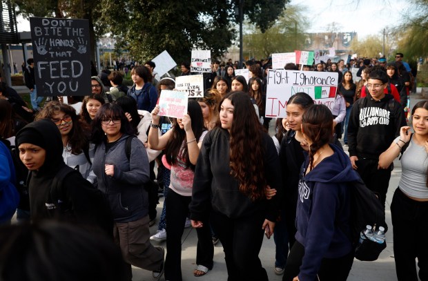 Overfelt High School students and some community members leave the high school as they protest U.S. Immigration and Customs Enforcement in San Jose, Calif., on Wednesday, Jan. 28, 2026. (Nhat V. Meyer/Bay Area News Group)