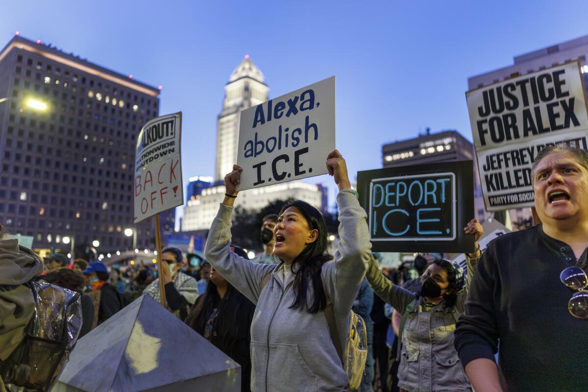 ICE protesters crowd the front of the federal building in Los Angeles