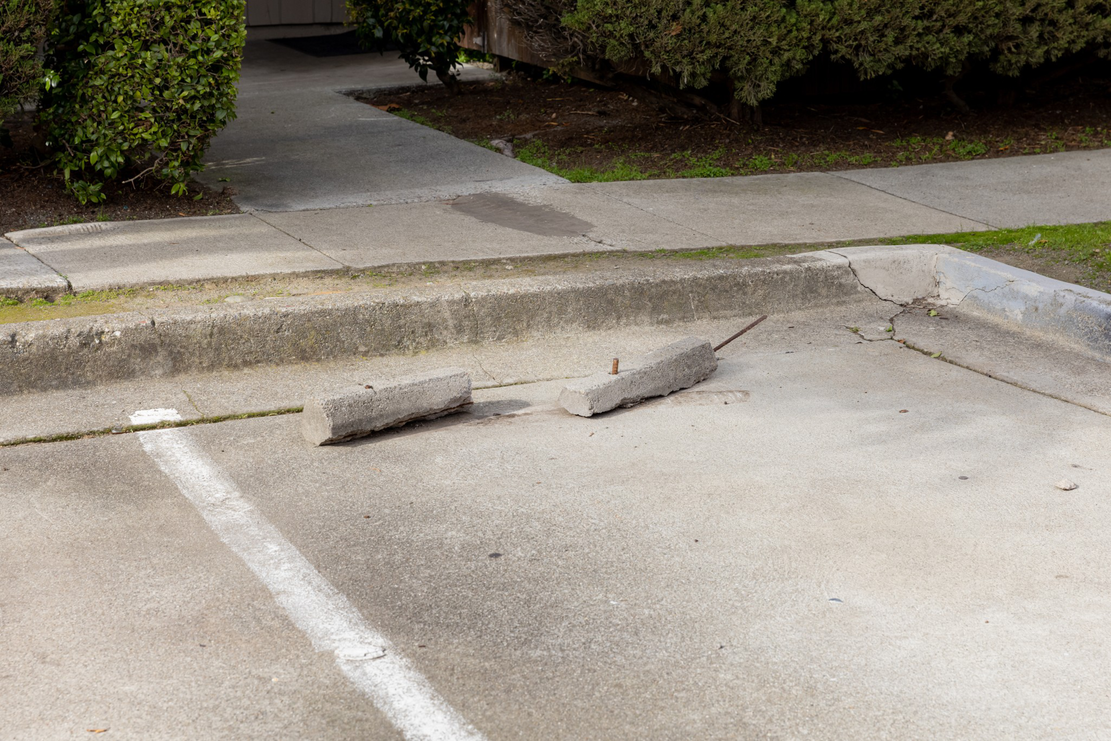 A broken concrete parking stop lies in two pieces on a parking space near a curb with bushes and a sidewalk in the background.