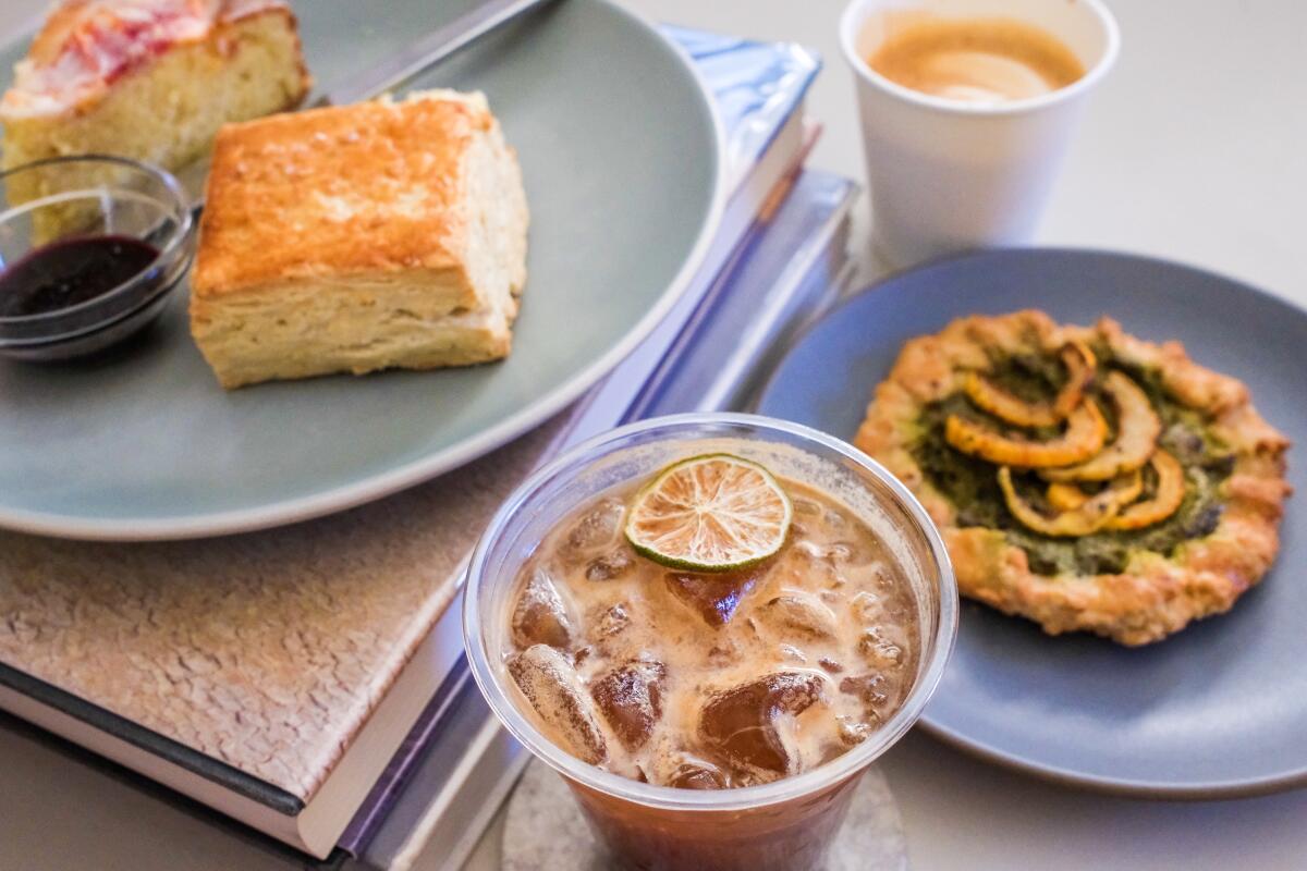 Elderberry espresso tonic at Granada, center, and sweet and savory pastries from L.A. star baker Sasha Piligian.
