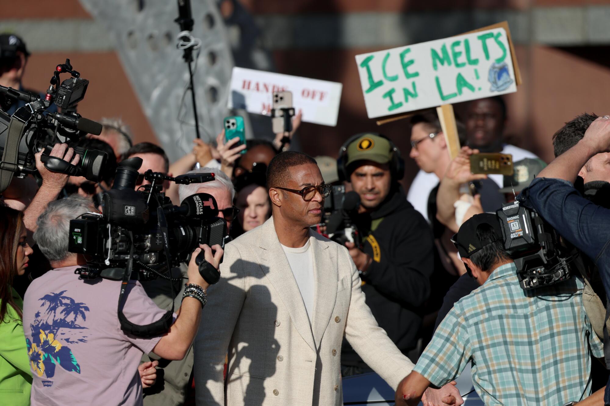 Don Lemon speaks to the media after his arraignment at the Edward R. Roybal Federal Courthouse in Los Angeles.