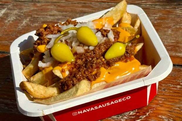 Nava Sausage Co. makes its own chili for its Nava's Chili Cheese Bomb. (Photo by Fielding Buck, The Press-Enterprise/SCNG)