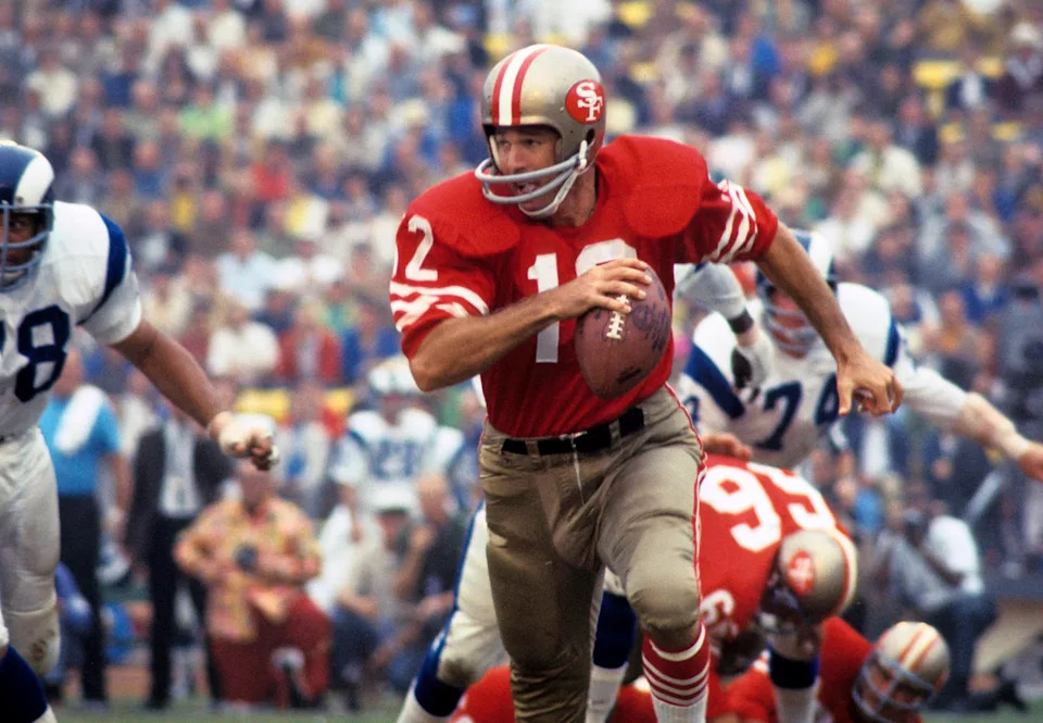 San Francisco 49ers quarterback John Brodie in action against the Los Angeles Rams at the Coliseum.