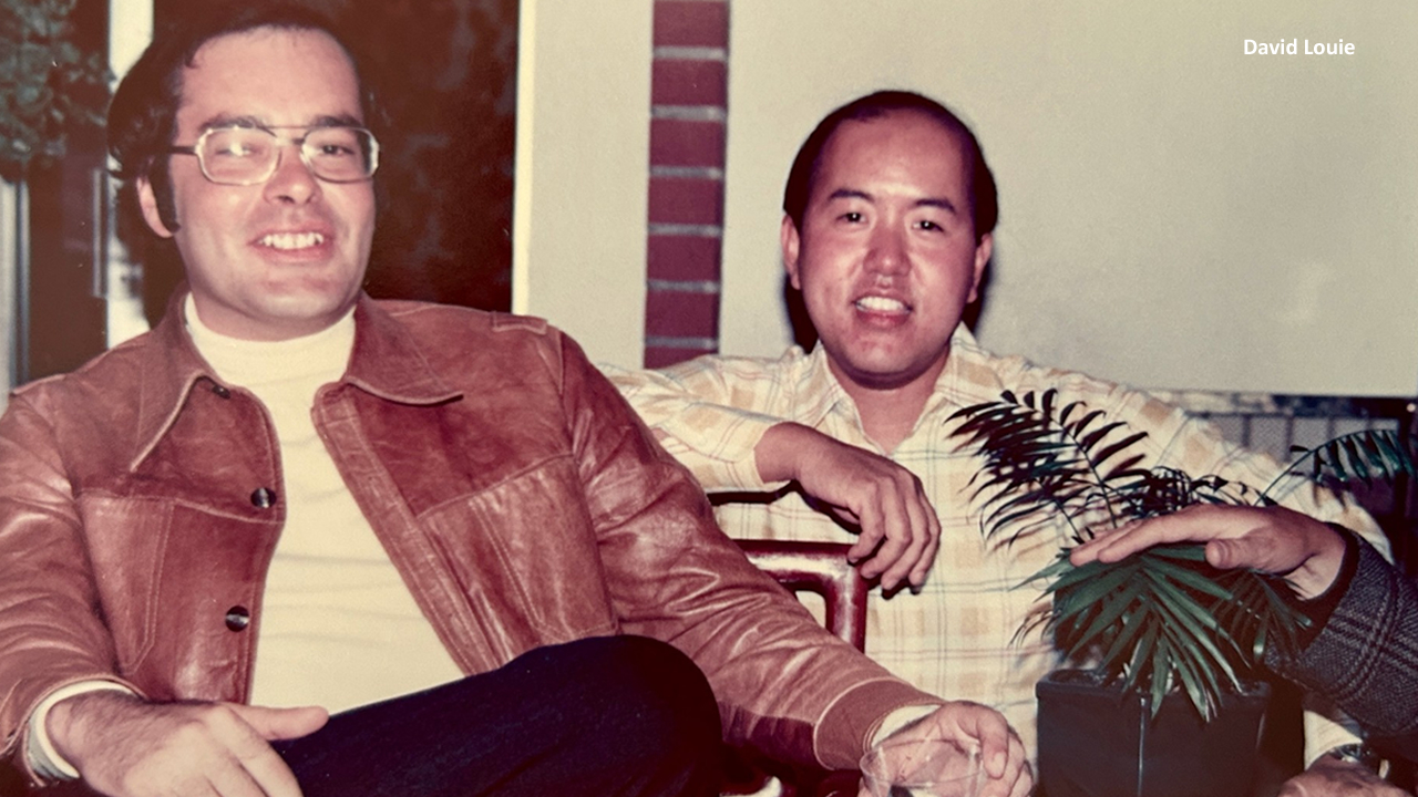 This is a photo dated from the 1970s of Jim Vargas, left, and longtime former ABC7 News reporter, David Louie, right, in the former ABC7 building in San Francisco, California. 