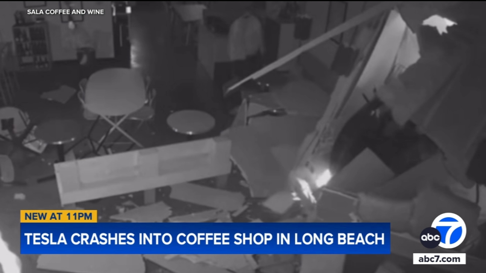 Tesla slams into Long Beach coffee shop in crash caught on surveillance video