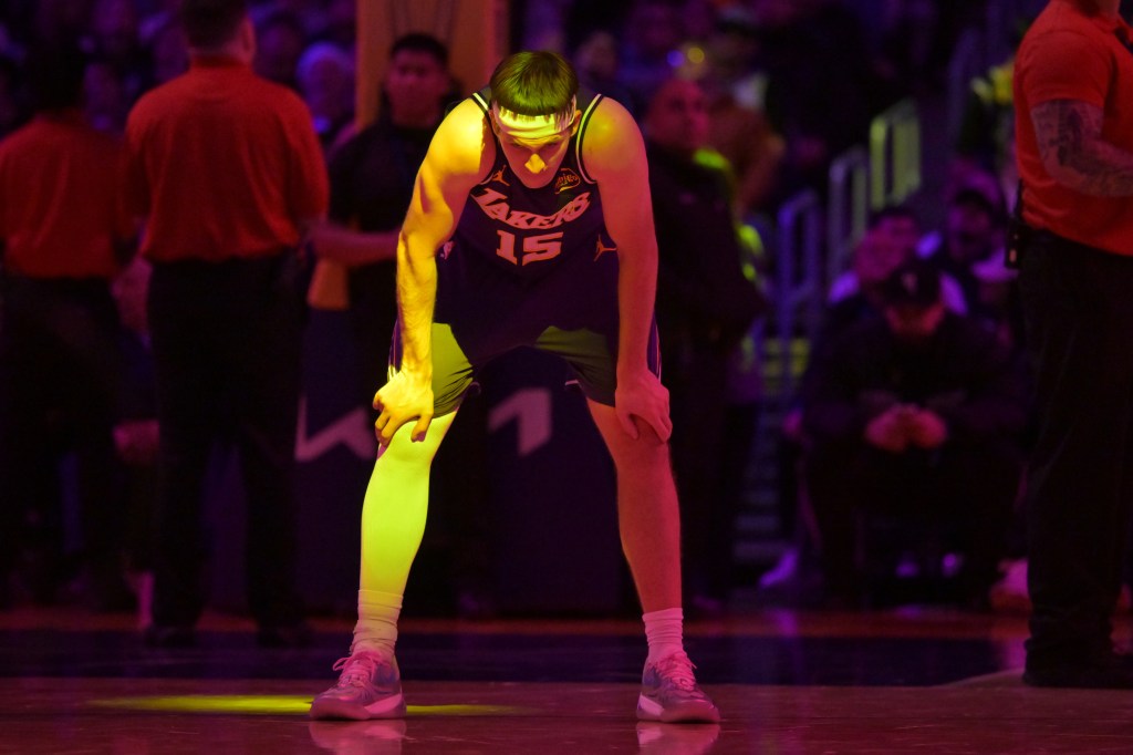 Austin Reaves #15 of the Los Angeles Lakers stands on the court during the NBA game between the San Antonio Spurs and the Los Angeles Lakers.