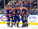 The Edmonton Oilers' Mattias Ekholm (14) celebrates a goal against the Anaheim Ducks during second period NHL action at Rogers Place, in Edmonton Monday Jan. 26, 2026. 