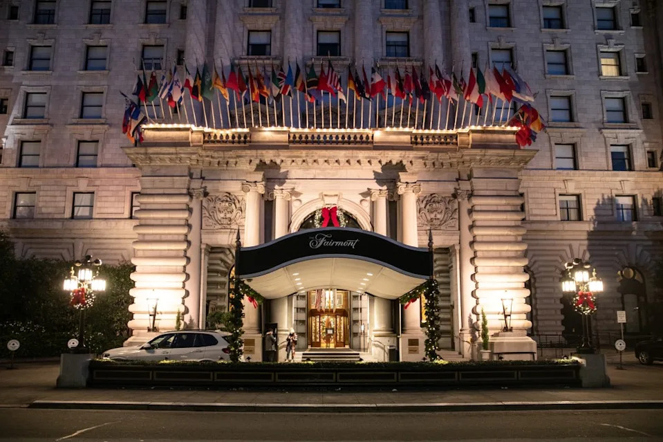 A view of Fairmont hotel in Holiday decoration on December 26, 2020 in San Francisco, California. Getty Images