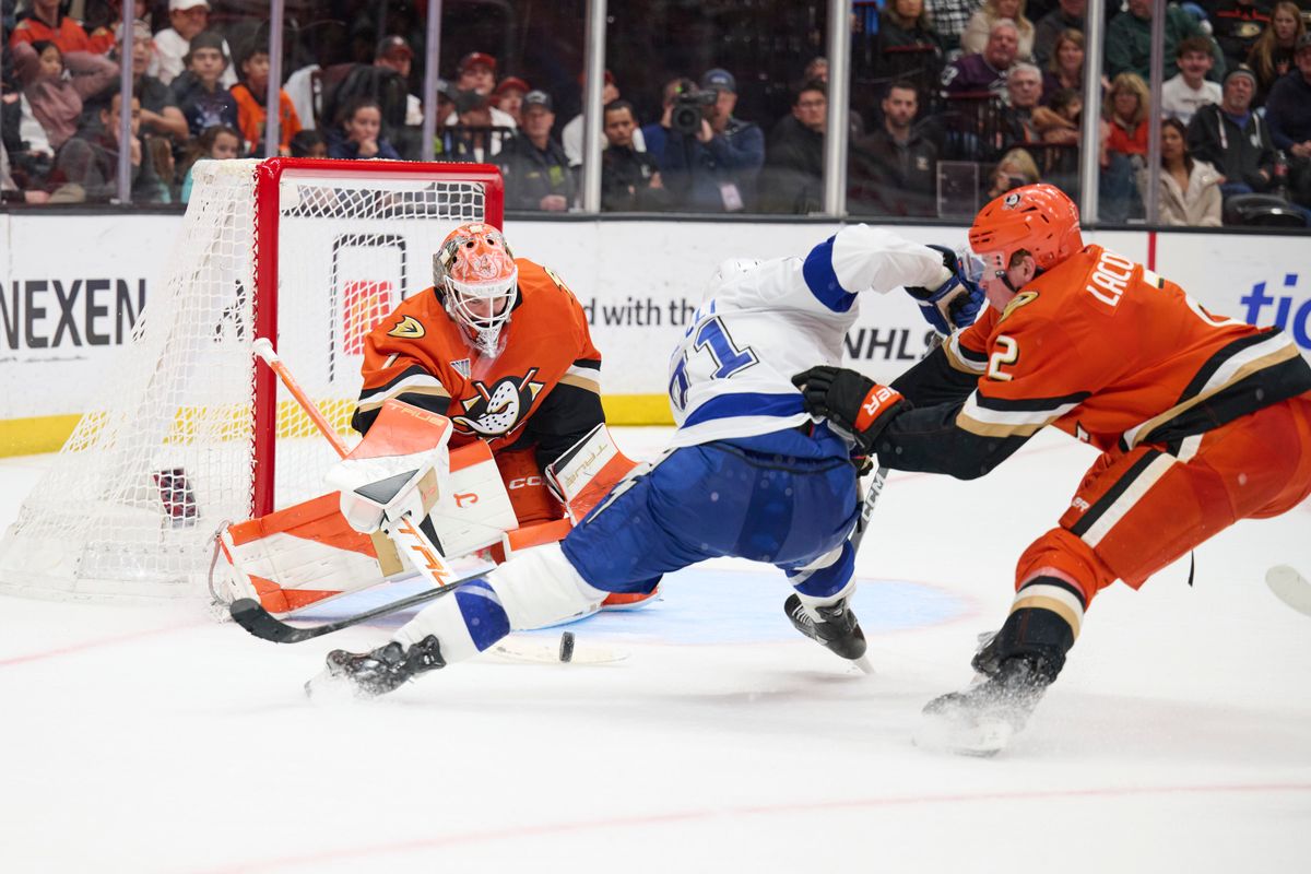 Anaheim goal tender Lukas Dostal (1) defends a goal attempt against the Lightning at the Honda Center on December 31,2025 in Anaheim, California.
