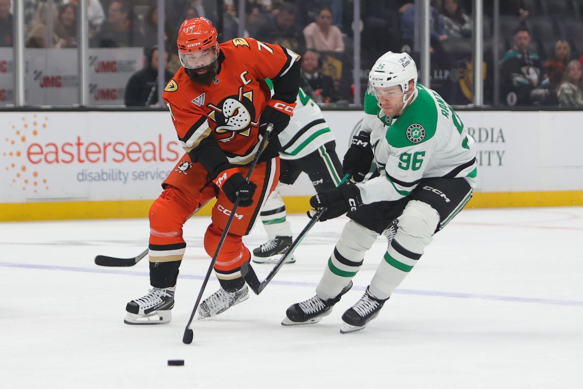Anaheim Ducks defenseman Radko Gudas (7) skates with the puck during an NHL game against the Dallas Stars on January 13, 2026 in Anaheim, CA.