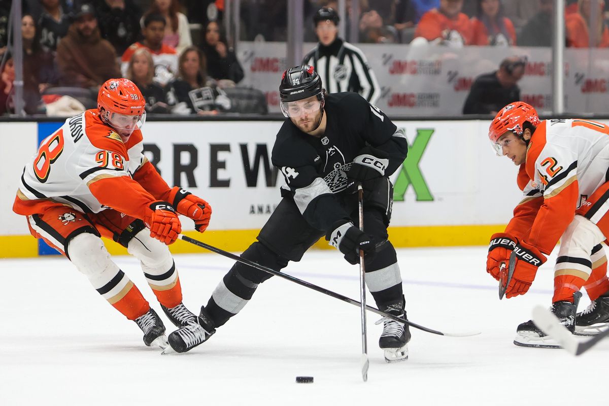 Los Angeles Kings right wing Alex Laferriere (14) skates with the puck during an NHL game against the Anaheim Ducks on January 17, 2026 in Anaheim, CA.