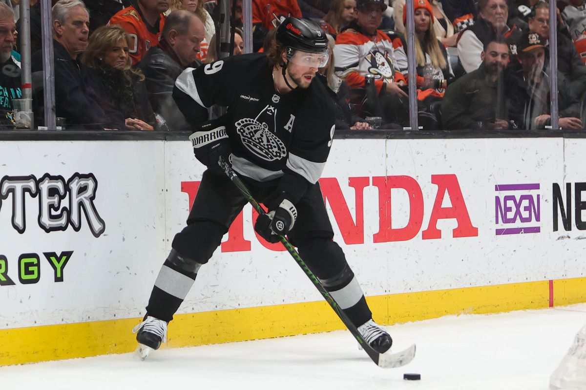 Los Angeles Kings right wing Adrian Kempe (9) sets up with the puck during an NHL game against the Anaheim Ducks on January 17, 2026 in Anaheim, CA.