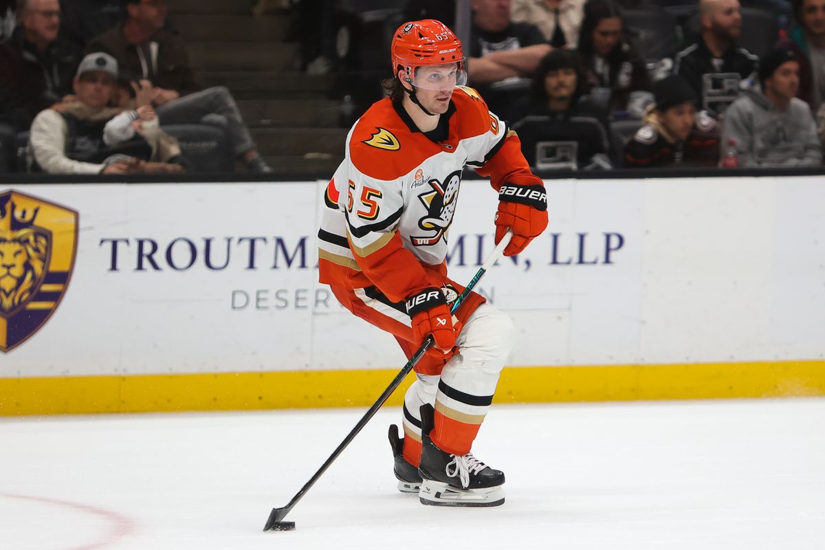 Anaheim Ducks defenseman Jacob Trouba (65) skates with the puck during an NHL game against the Los Angeles Kings  on January 17, 2026 in Anaheim, CA.
