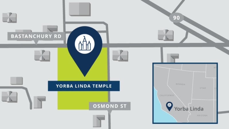 The location of the Yorba Linda California Temple.
