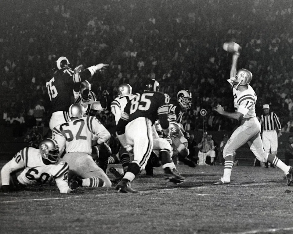 San Francisco 49ers quarterback John Brodie in action against the Los Angeles Rams.