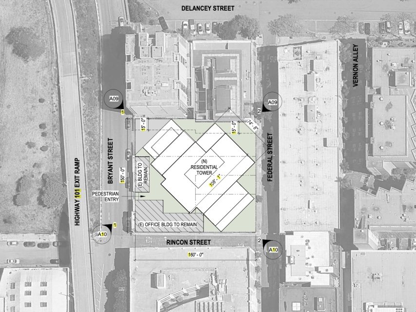 A site plan showing a proposed residential tower and existing office building on a city block bordered by Bryant, Federal, and Rincon Streets, with labeled pedestrian and vehicle entries.