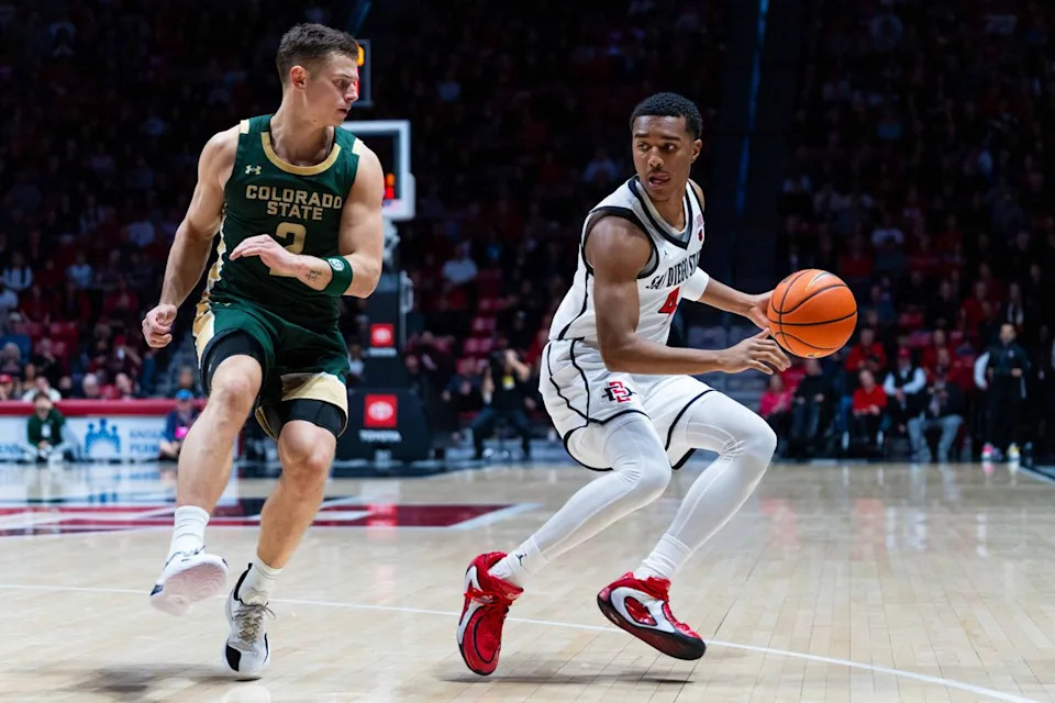San Diego State guard Sean Newman Jr. (4) dribbles during an NCAA Basketball game between Colorado State and San Diego State, Wednesday January 28, 2026 at Viejas Arena in San Diego, Calif.