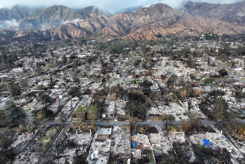 Aerial of burned homes from the Eaton Fire in California