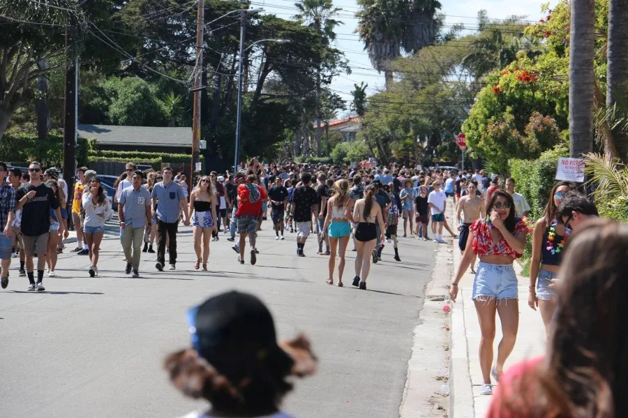 People attending the Deltopia spring break party in Isla Vista are seen in this image posted to the Santa Barbara County Sheriff’s Office Facebook page.