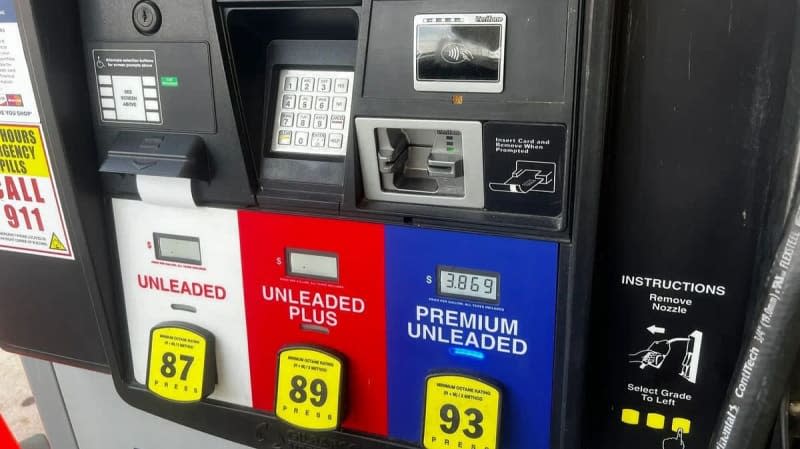 Gas station pumps display options for unleaded, unleaded plus, and premium unleaded fuel. Photo: Sarah Roderick-Fitch / The Center Square