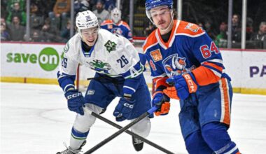 Abbotsford&rsquo;s Anri Ravinskis chases down the puck against the Bakersfield Condors on Wednesday (Jan. 7). (Abbotsford Canucks photo)