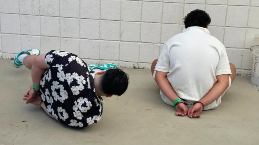 The two suspects in this photo were accused of obstruction and contributing alcohol to a minor. At least 84 people were arrested during the 2025 Deltopia weekend event in Isla Vista. April 2025. (Santa Barbara County Sheriff’s Office)