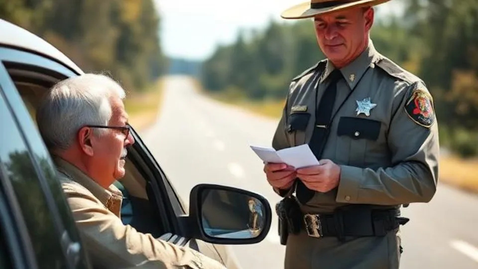 Older driver talking with state trooper.