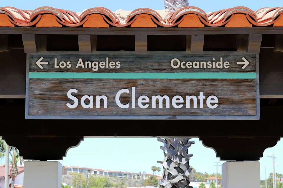 FILE: A sign on the San Clemente Train Station Platform marks the coastal California town and points to locations north and south. (Laser1987/Getty Images/iStockphoto)