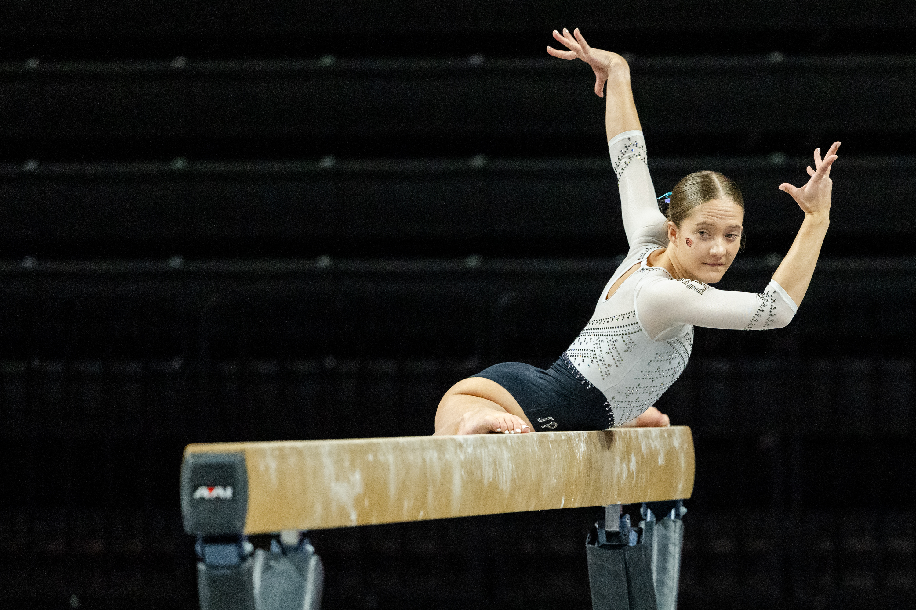 Lauren Letzsch of the Oregon State Beavers competes on the balance beam during a gymnastics meet against the Sacramento State Hornets at Gill Coliseum on January 16, 2026 in Corvallis, OR.
