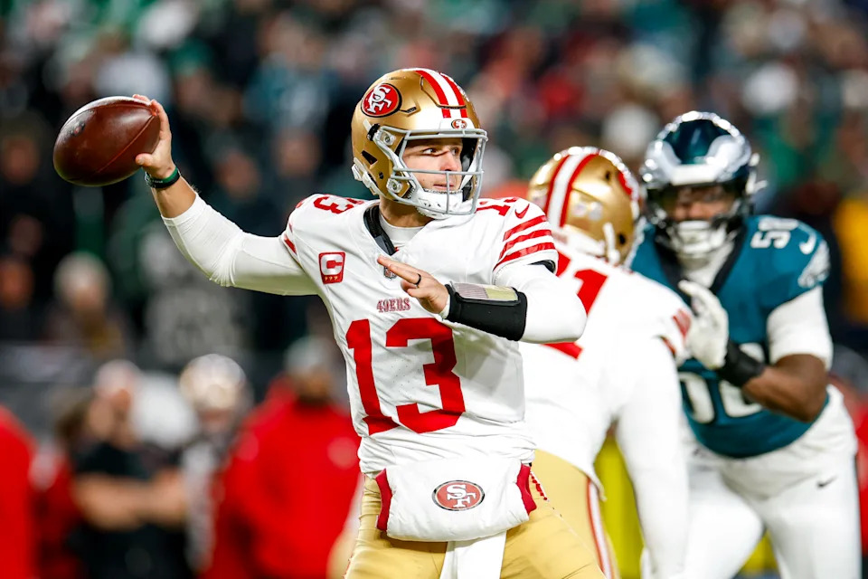 PHILADELPHIA, PENNSYLVANIA - JANUARY 11: Brock Purdy #13 of the San Francisco 49ers throws a pass during the second quarter of the NFC Wild Card playoff game against the Philadelphia Eagles at Lincoln Financial Field on January 11, 2026 in Philadelphia, Pennsylvania. (Photo by Lauren Leigh Bacho/Getty Images)