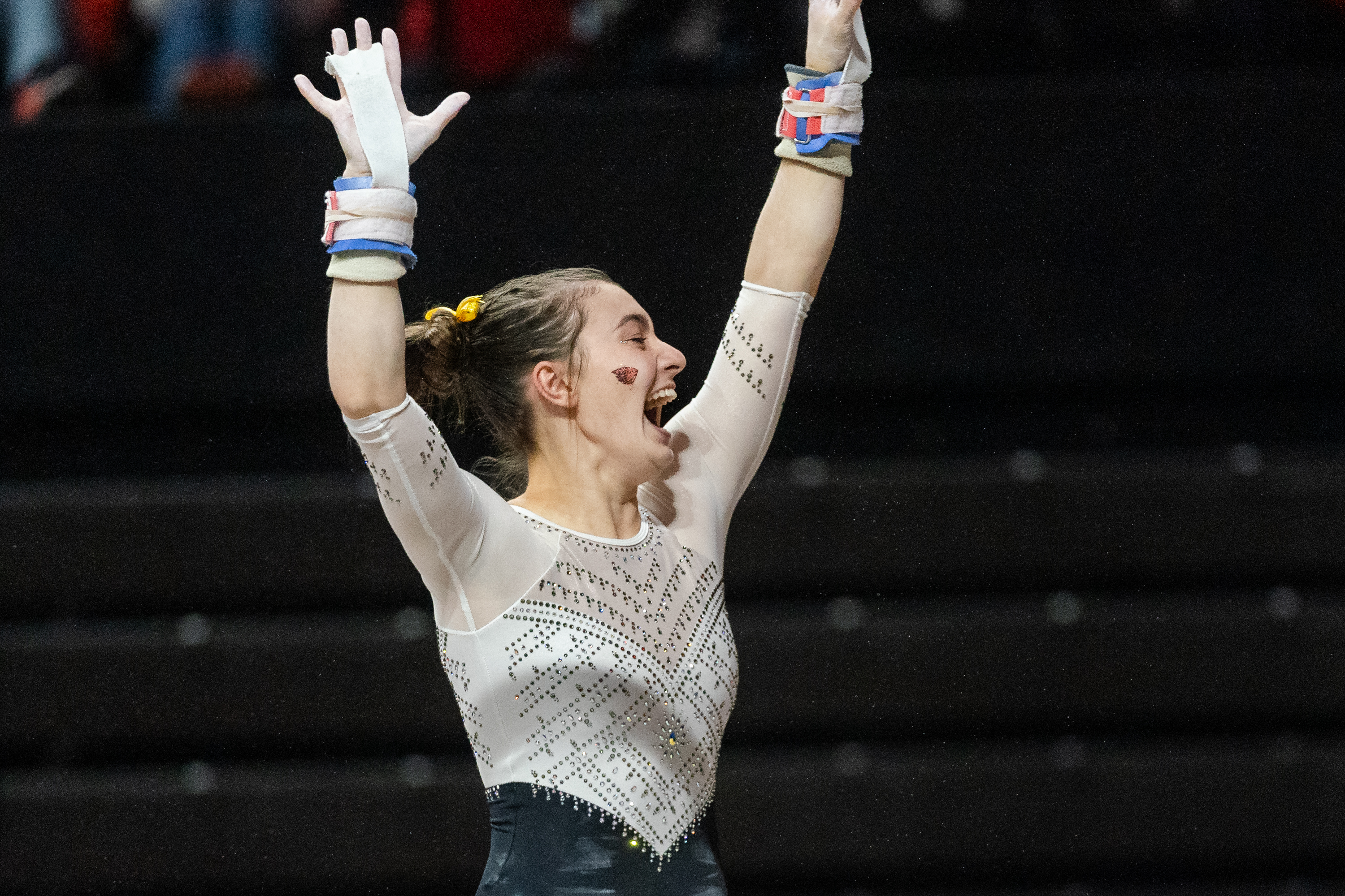 Ellie Weaver of the Oregon State Beavers reacts after competing on the uneven bars during a gymnastics meet against the Sacramento State Hornets at Gill Coliseum on January 16, 2026 in Corvallis, OR.