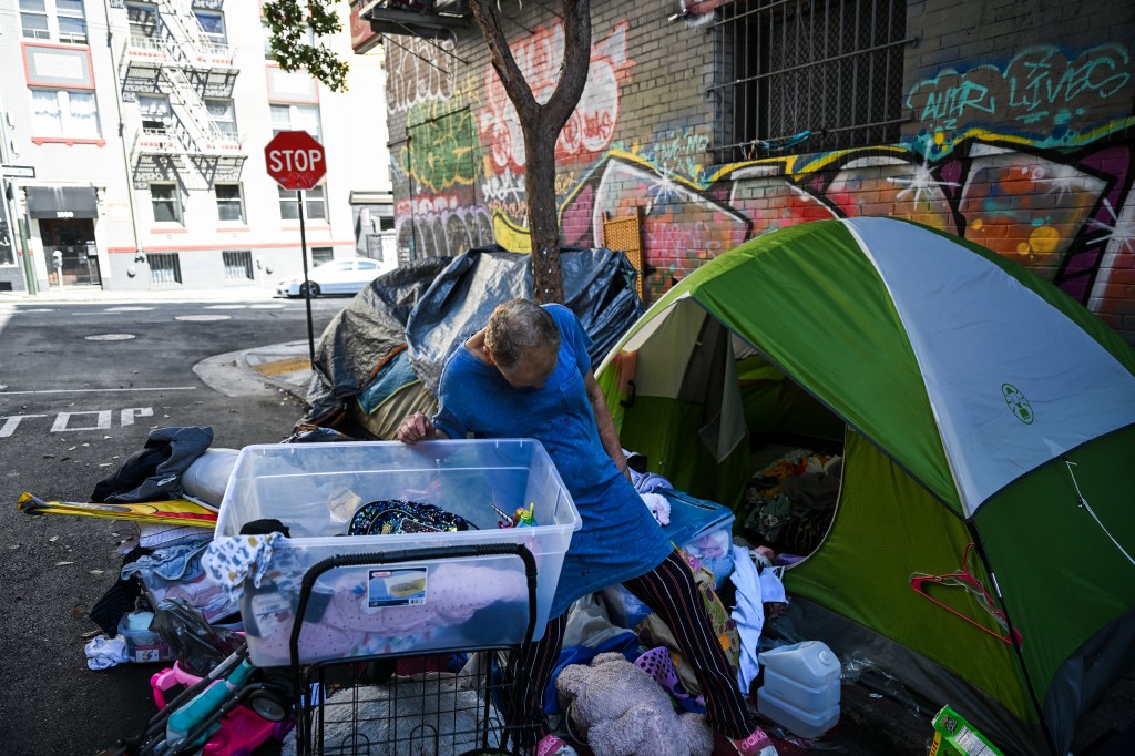 Deliada Valdez, 64, searches through a clear bin of belongings next to her green tent on a San Francisco sidewalk.