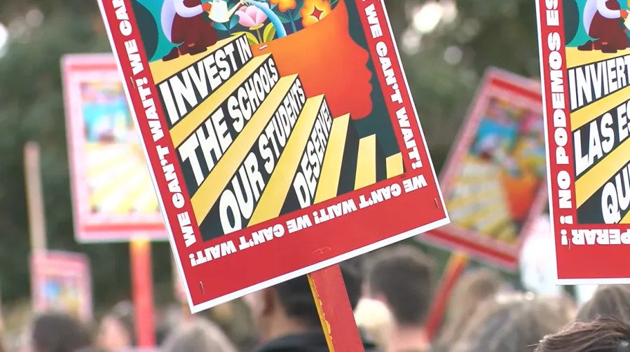 SDEA educators rallied ahead of the San Diego Unified School District meeting. (KSWB/KUSI)