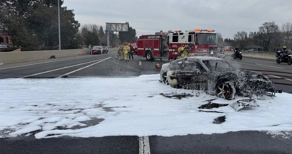 <em>The aftermath photo of the car that became fully engulfed./ Image: CHP East Sacramento </em>