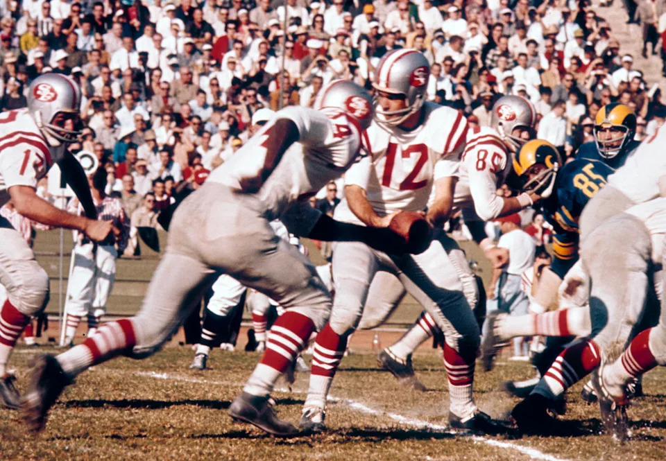 San Francisco 49ers quarterback John Brodie in action against the Los Angeles Rams at the Coliseum.