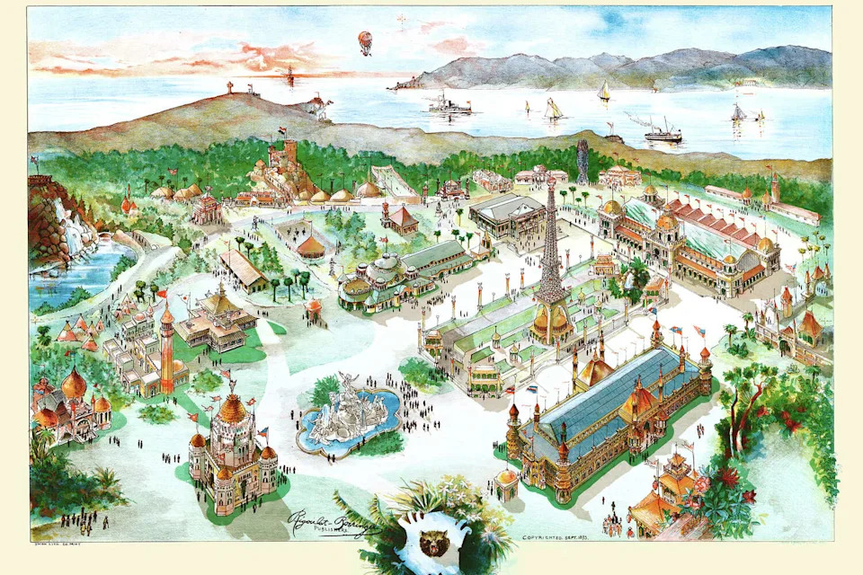 A bird's-eye view of the California Midwinter International Exposition. (Buyenlarge via Getty Images)