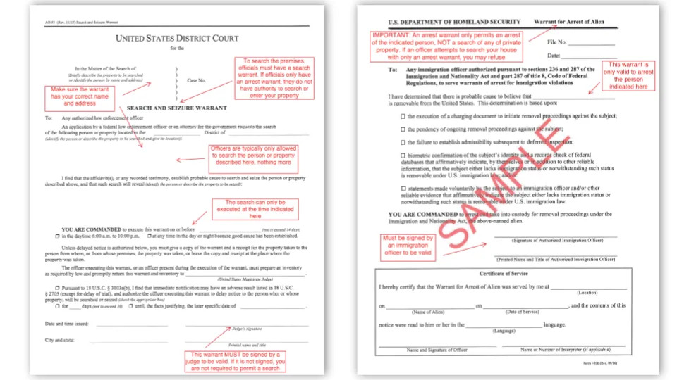 On the left is an image of a judicial warrant which allows a home or business to be searched. The right image is an administrative warrant — which lacks the same oversight. A recent ICE memo calls into question how much the agency is complying with the legal precedent.
