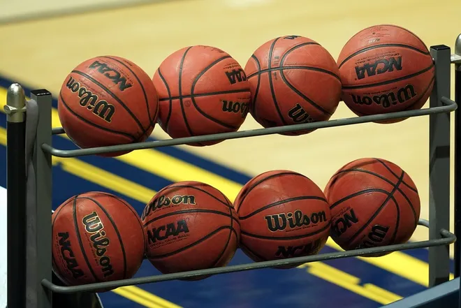 Dec 22, 2020; Berkeley, California, USA; A rack of basketballs sits on the court before the game between the California Golden Bears and the Seattle Redhawks at Haas Pavilion.