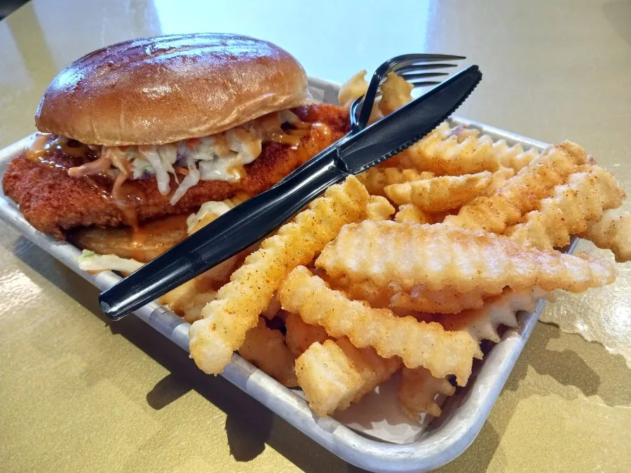 Chicken sandwich and fries at Houston TX Hot Chicken on Rosedale Highway. File image