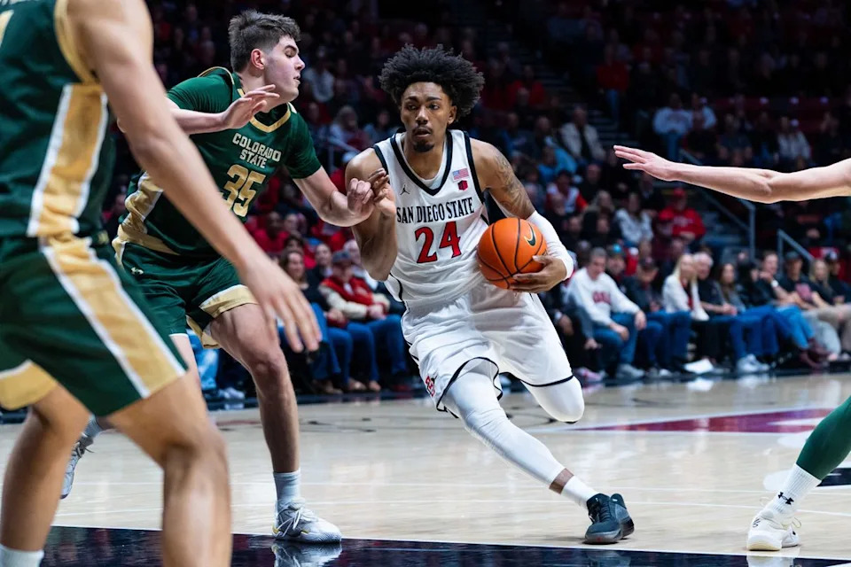 San Diego State guard Taj DeGourville (24) dribbles through traffic during an NCAA Basketball game between Colorado State and San Diego State, Wednesday January 28, 2026 at Viejas Arena in San Diego, Calif.