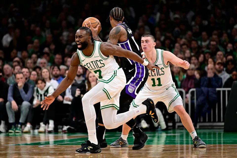 BOSTON, MASSACHUSETTS - JANUARY 10: Jaylen Brown #7 of the Boston Celtics reacts during the second half of a game against the Sacramento Kings at TD Garden on January 10, 2025 in Boston, Massachusetts. NOTE TO USER: User expressly acknowledges and agrees that, by downloading and or using this photograph, User is consenting to the terms and conditions of the Getty Images License Agreement. (Photo by Billie Weiss/Getty Images)