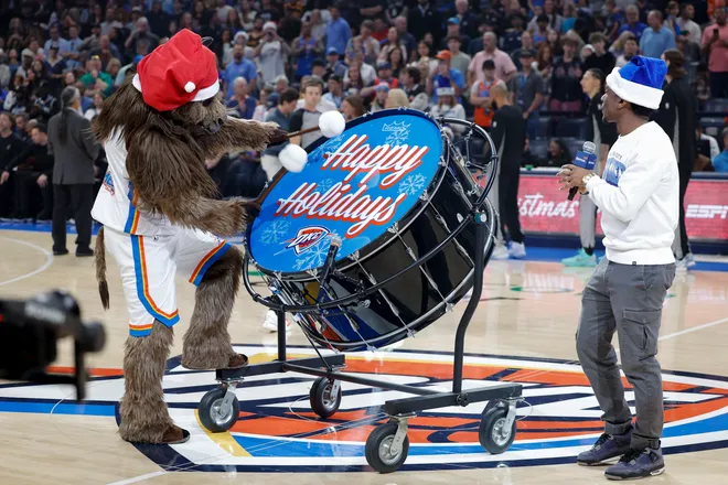 Dec 25, 2025; Oklahoma City, Oklahoma, USA; Oklahoma City Thunder mascot plays a bass drum before the start of a game against the San Antonio Spurs at Paycom Center. Mandatory Credit: Alonzo Adams-Imagn Images