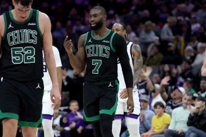 Jan 1, 2026; Sacramento, California, USA; Boston Celtics forward Jaylen Brown (7) signals for a replay after getting fouled out during the fourth quarter at Golden 1 Center. Mandatory Credit: Dennis Lee-Imagn Images