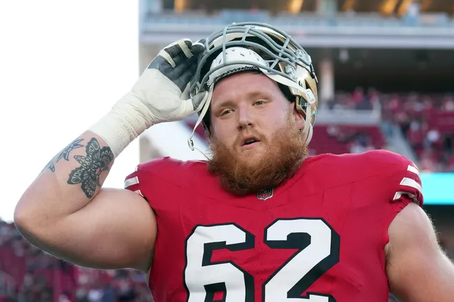Oct 19, 2025; Santa Clara, California, USA; San Francisco 49ers offensive lineman Austen Pleasants (62) before the game against the Atlanta Falcons at Levi's Stadium. Mandatory Credit: Darren Yamashita-Imagn Images