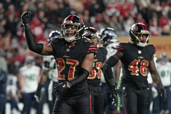 Jan 3, 2026; Santa Clara, California, USA; San Francisco 49ers safety Ji'ayir Brown (27) reacts against the Seattle Seahawks during the first half at Levi's Stadium. Mandatory Credit: Neville E. Guard-Imagn Images