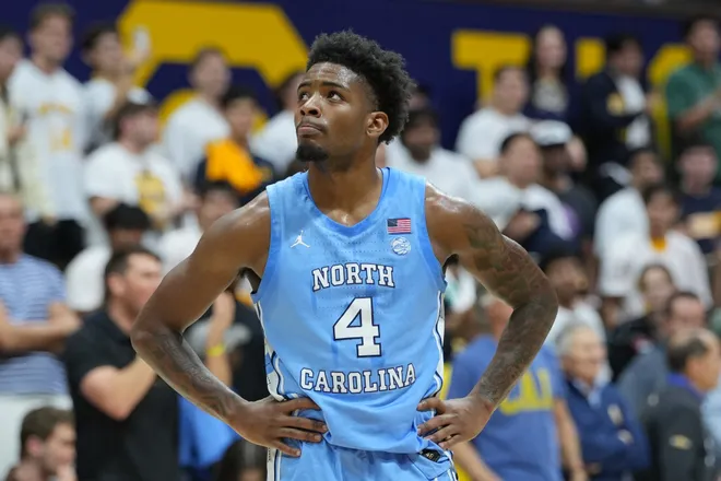 Jan 17, 2026; Berkeley, California, USA; North Carolina Tar Heels guard Jaydon Young (4) reacts during the second half against the California Golden Bears at Haas Pavilion. Mandatory Credit: Darren Yamashita-Imagn Images