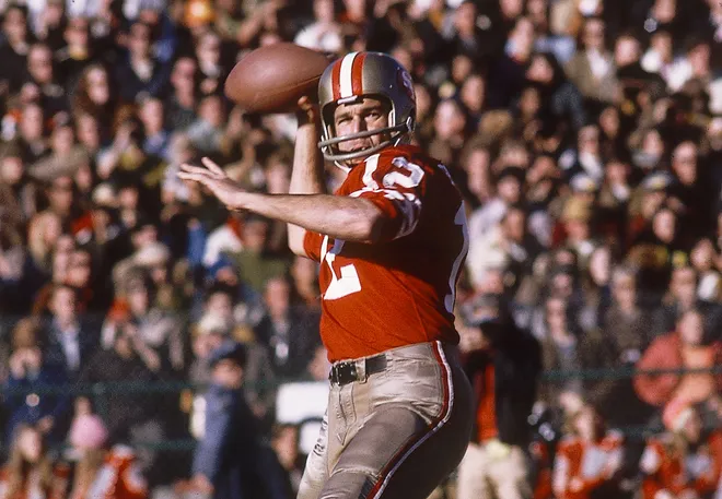 San Francisco 49ers quarterback John Brodie (12) throws the ball against the Dallas Cowboys during the 1970 NFC championship game at Kezar Stadium.