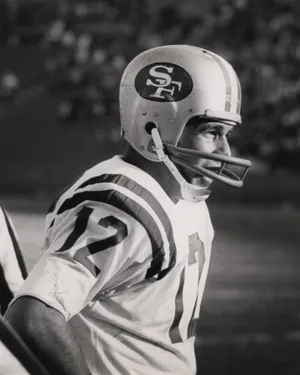 San Francisco 49ers quarterback John Brodie on the sidelines against the Los Angeles Rams at the Memorial Coliseum.