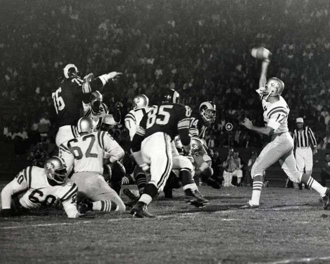 San Francisco 49ers quarterback John Brodie in action against the Los Angeles Rams.